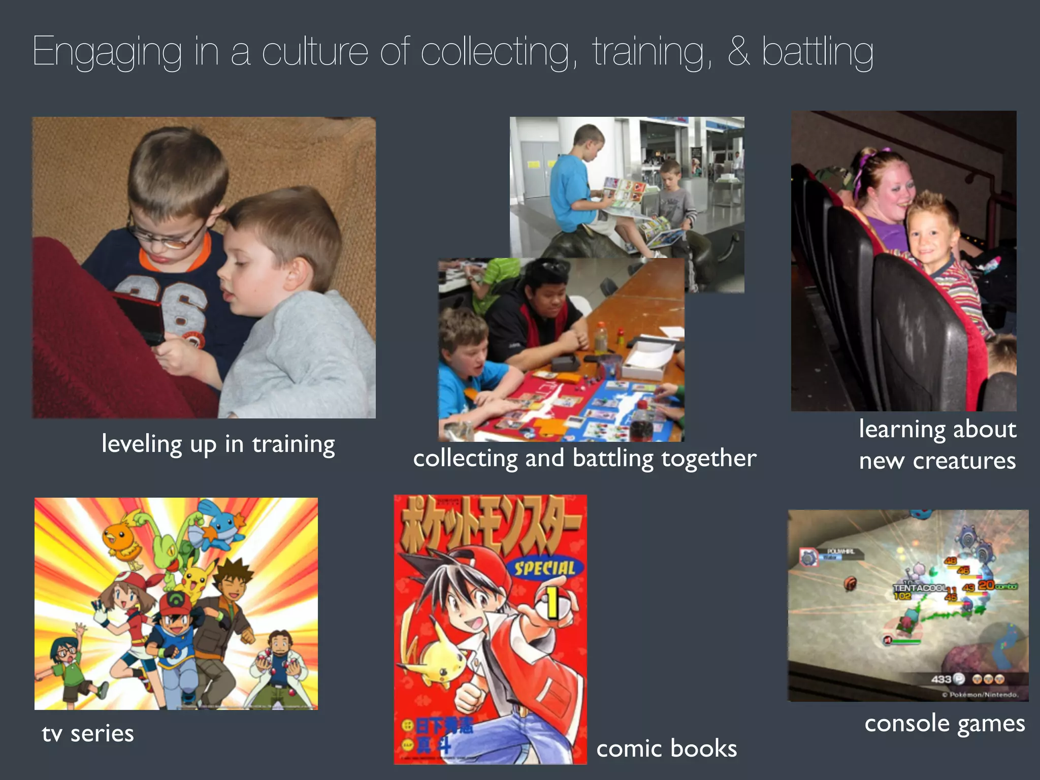 Engaging in a culture of collecting, training, & battling

leveling up in training

tv series

collecting and battling together

comic books

learning about
new creatures

console games

 