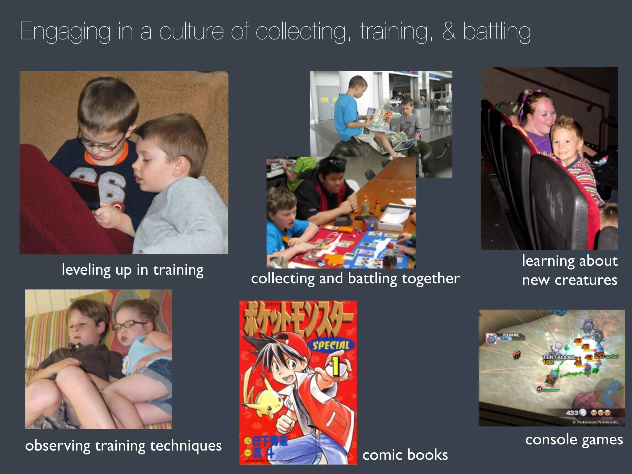 Engaging in a culture of collecting, training, & battling

leveling up in training

observing training techniques

collecting and battling together

comic books

learning about
new creatures

console games

 