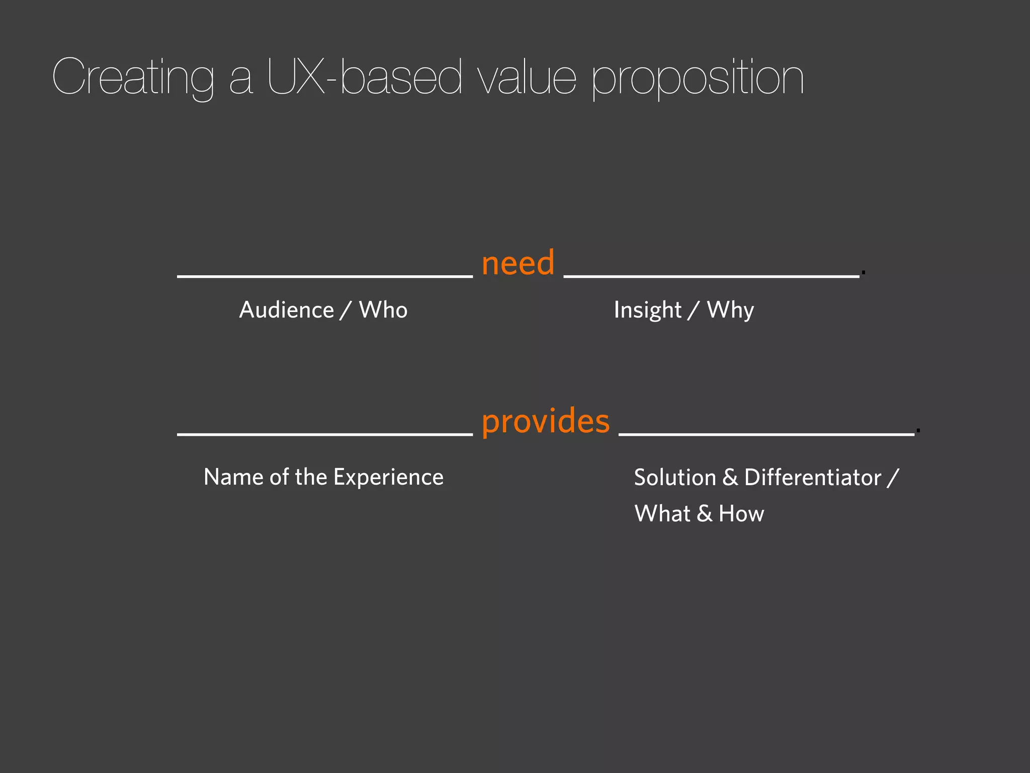 Creating a UX-based value proposition

__________________ need __________________.
Audience / Who

Insight / Why

__________________ provides __________________.
Name of the Experience

Solution & Diﬀerentiator /
What & How

 