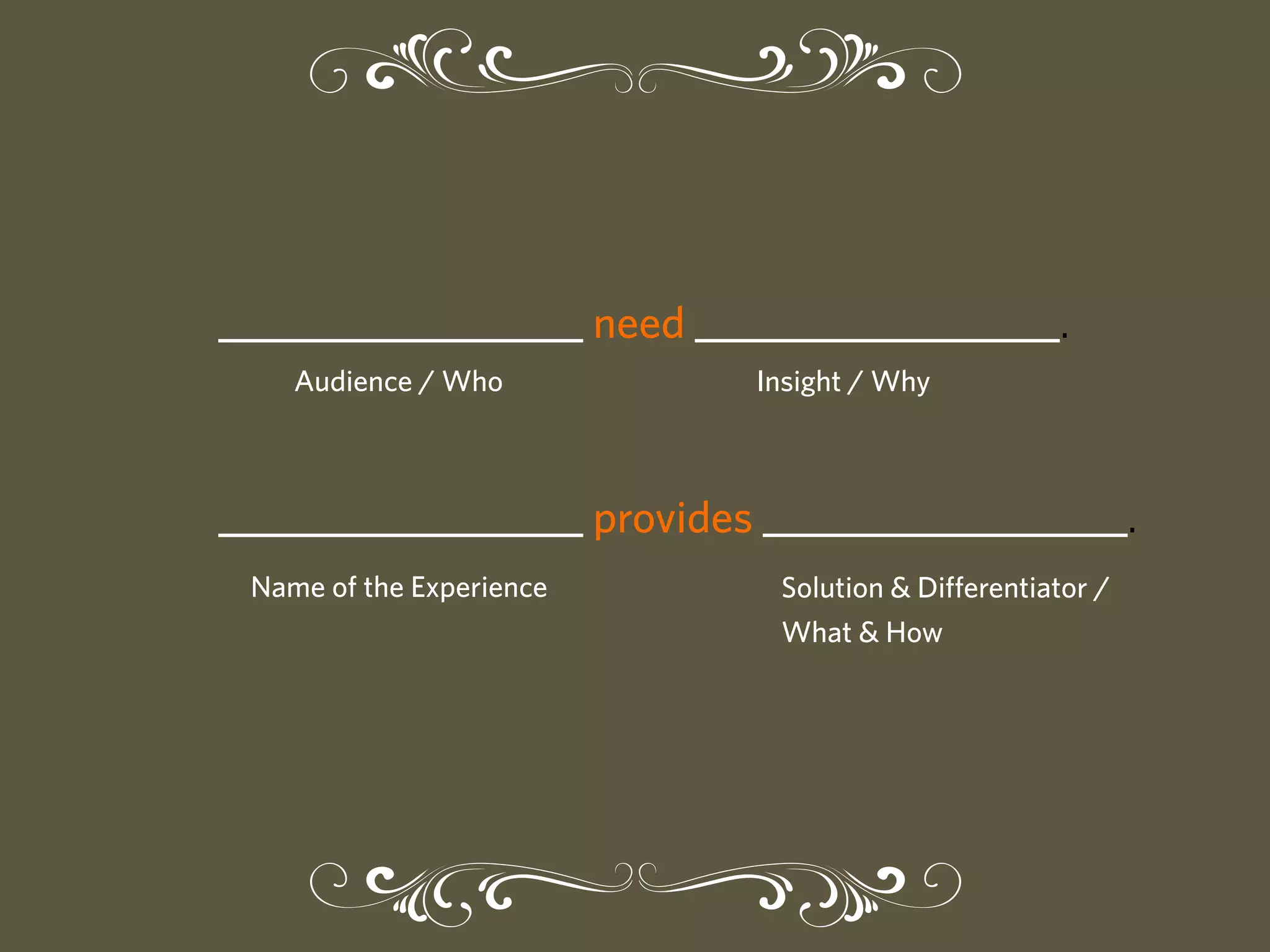 __________________ need __________________.
Audience / Who

Insight / Why

__________________ provides __________________.
Name of the Experience

Solution & Diﬀerentiator /
What & How

 
