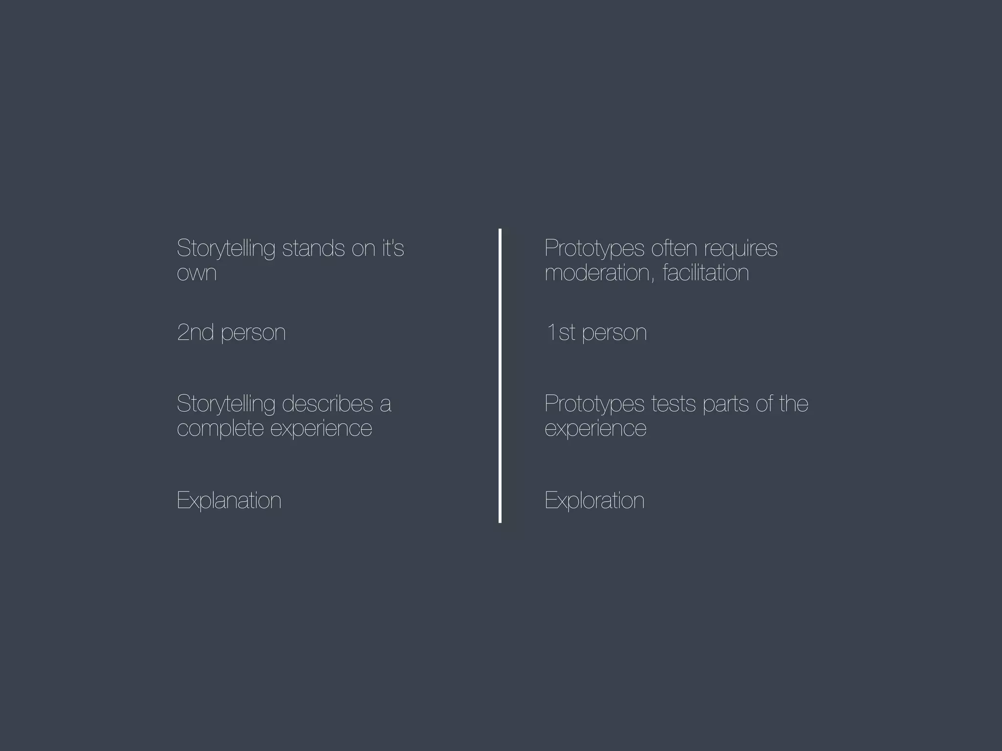 Storytelling stands on it’s
own

Prototypes often requires
moderation, facilitation

2nd person

1st person

Storytelling describes a
complete experience

Prototypes tests parts of the
experience

Explanation

Exploration

 