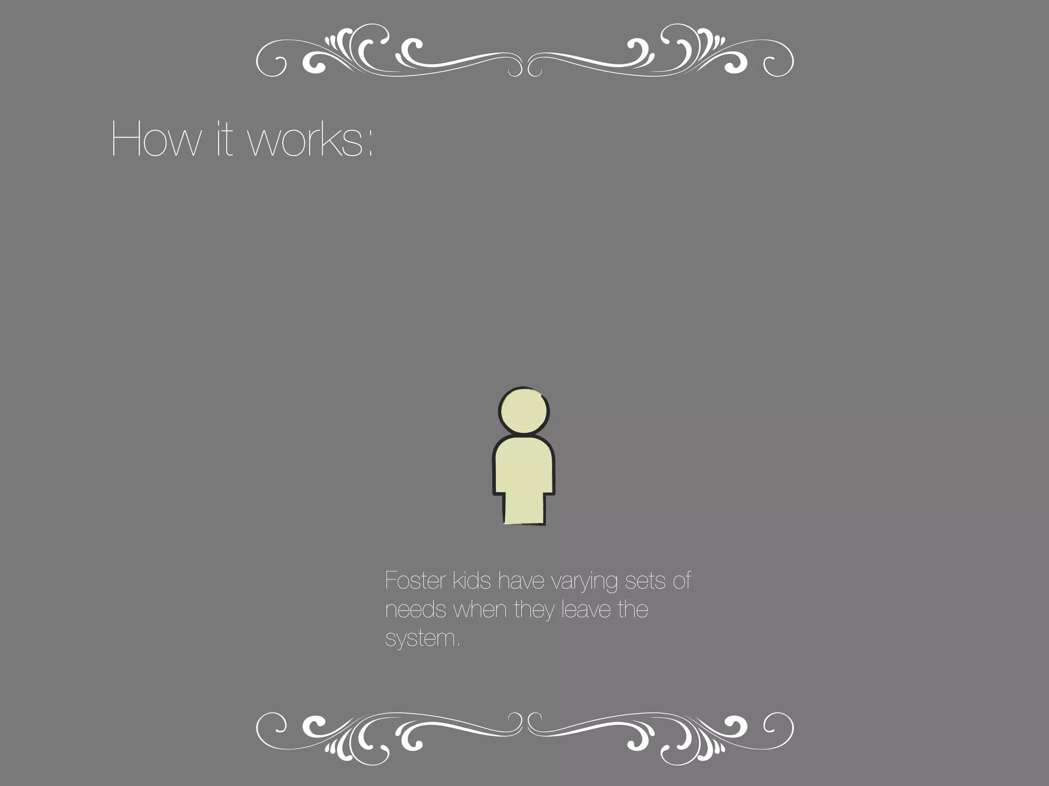 How it works:

Foster kids have varying sets of
needs when they leave the
system.

 