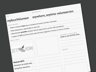 lunteer
yfocoVo
m

nteerism
ime volu
re, anyt
anywhe

munities
heir com
ct with t
nd conne
tribute a
ys to con
eed wa
pertise
.
nteers n
volu
ls and ex
ork load
Modern
le or w
their skil
id schedu
y to use
uration.
d to a rig
pportunit
ours in d
being tie
s to 2 h
ith the o
without
2 minute
nteers w
ging from
ides volu
tasks ran
er prov
olunte
uth with
myfocoV
foster yo
former
00 local
start
rt of 3,0
in suppo
imple to

s

ETI
uma n S
H
sks
simple ta
rs do
Voluntee
i me .
ir downt
e
during th

& ﬁnish t

asks

 