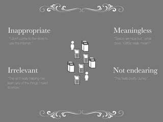 Inappropriate

Meaningless

“I don’t come to the store to
use the Internet.”

“Specs are nice but...what
does 1080p really mean?”

Irrelevant

Not endearing

“This isn’t really helping me
learn any of the things I need
to know.”

“This feels pretty clunky.”

 