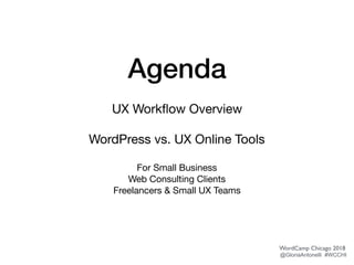 Agenda
UX Workﬂow Overview

WordPress vs. UX Online Tools

For Small Business  
Web Consulting Clients 
Freelancers & Small UX Teams

WordCamp Chicago 2018
@GloriaAntonelli #WCCHI
 