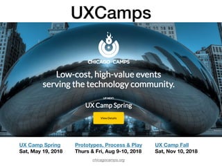 UXCamps
chicagocamps.org
UX Camp Fall 
Sat, Nov 10, 2018
UX Camp Spring 
Sat, May 19, 2018
Prototypes, Process & Play 
Thurs & Fri, Aug 9-10, 2018
 