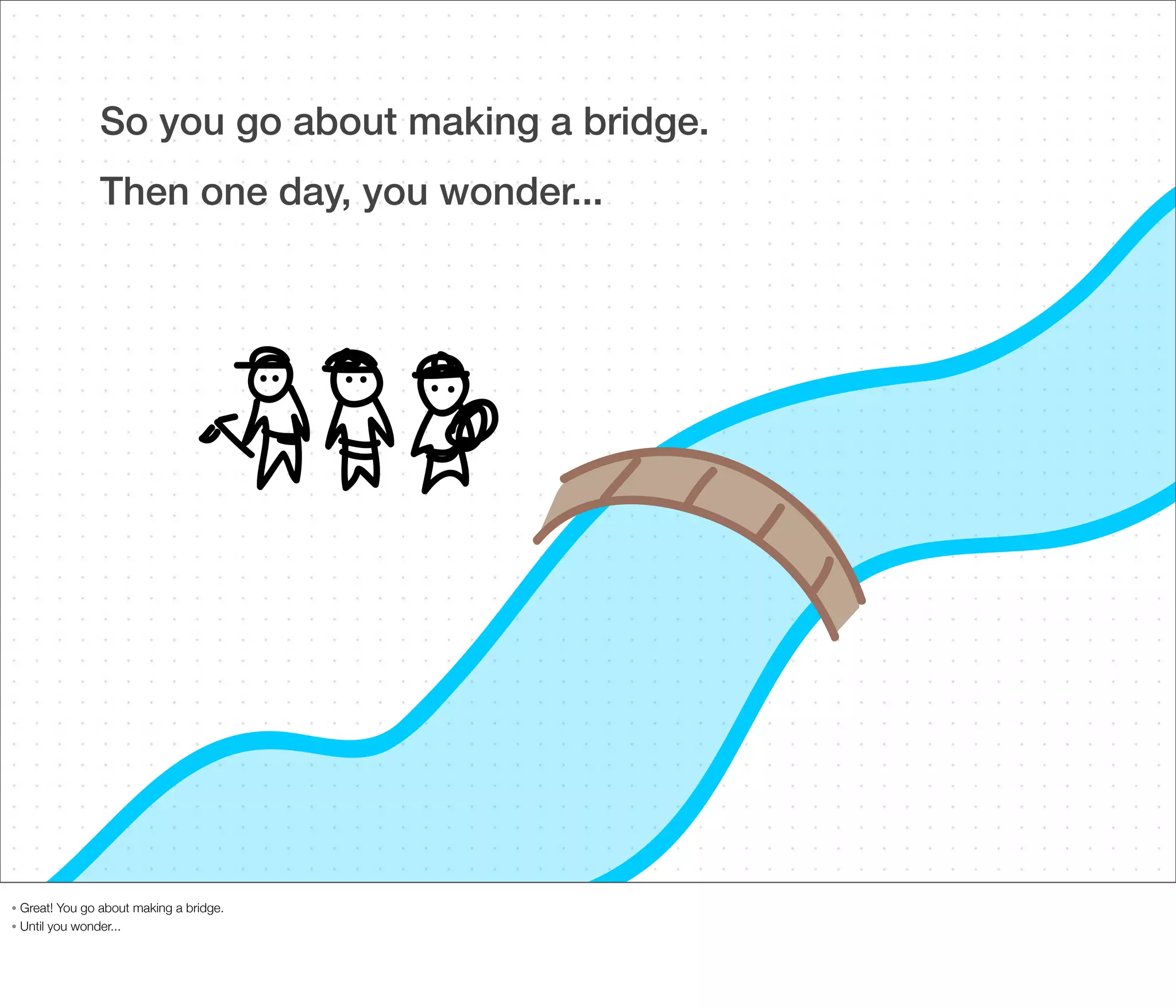 So you go about making a bridge.
Then one day, you wonder...

Great! You go about making a bridge.
• Until you wonder...
•

 