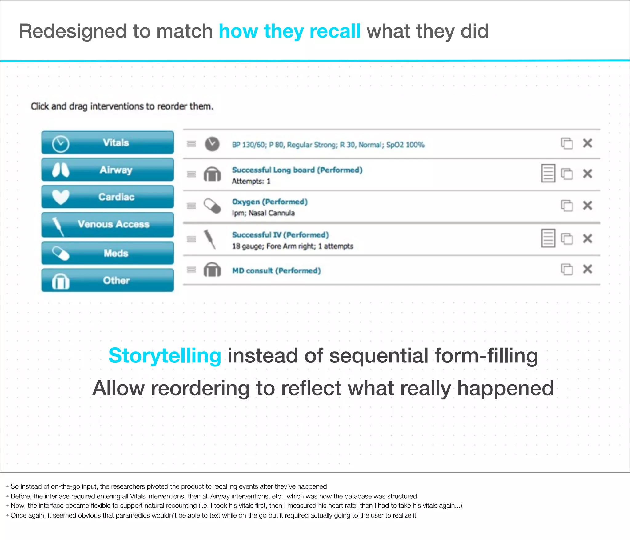 Redesigned to match how they recall what they did

Storytelling instead of sequential form-ﬁlling
Allow reordering to reﬂect what really happened

So instead of on-the-go input, the researchers pivoted the product to recalling events after they’ve happened
• Before, the interface required entering all Vitals interventions, then all Airway interventions, etc., which was how the database was structured
• Now, the interface became ﬂexible to support natural recounting (i.e. I took his vitals ﬁrst, then I measured his heart rate, then I had to take his vitals again...)
• Once again, it seemed obvious that paramedics wouldn’t be able to text while on the go but it required actually going to the user to realize it
•

 