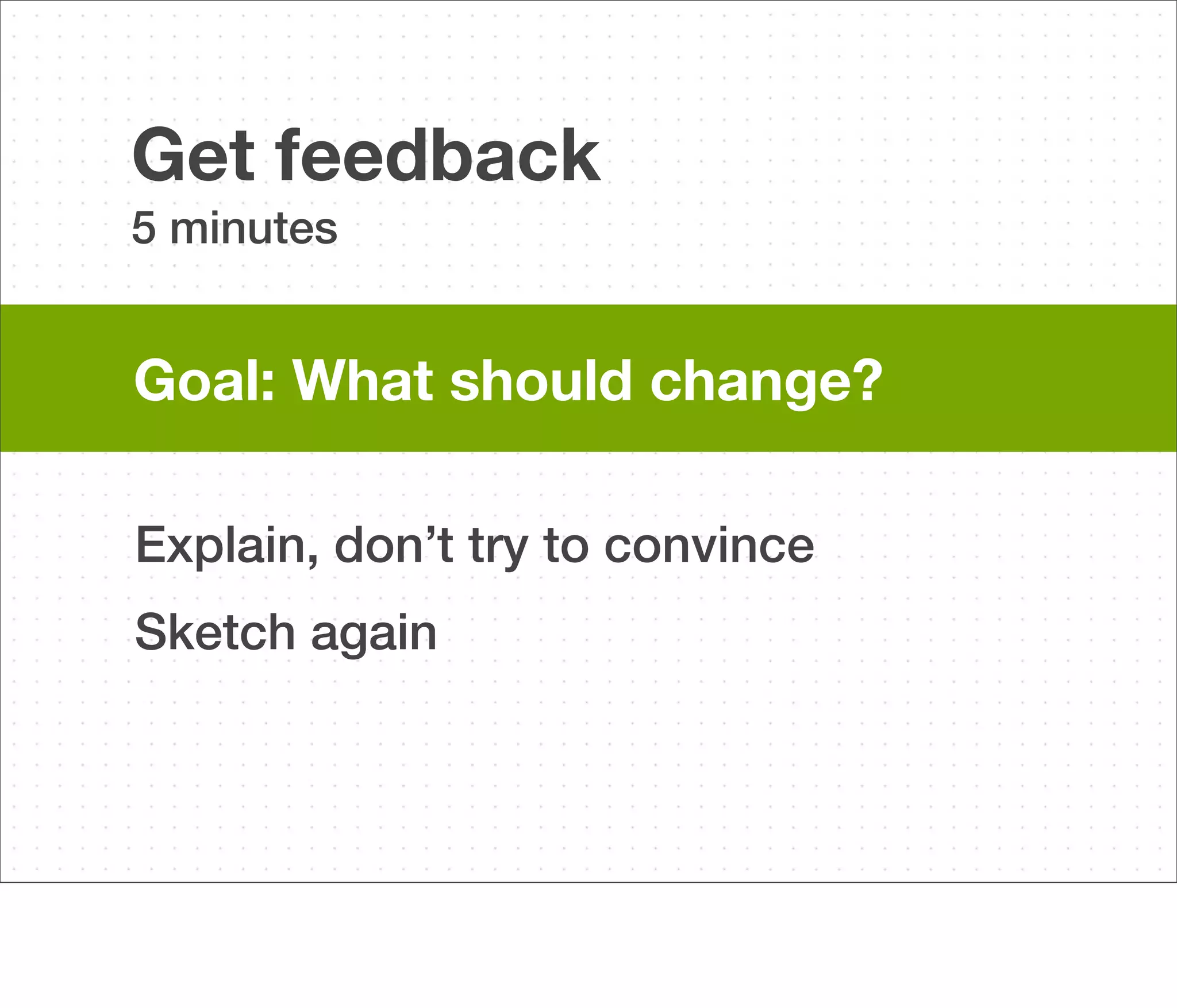 Get feedback
5 minutes

Goal: What should change?
Explain, don’t try to convince
Sketch again

 