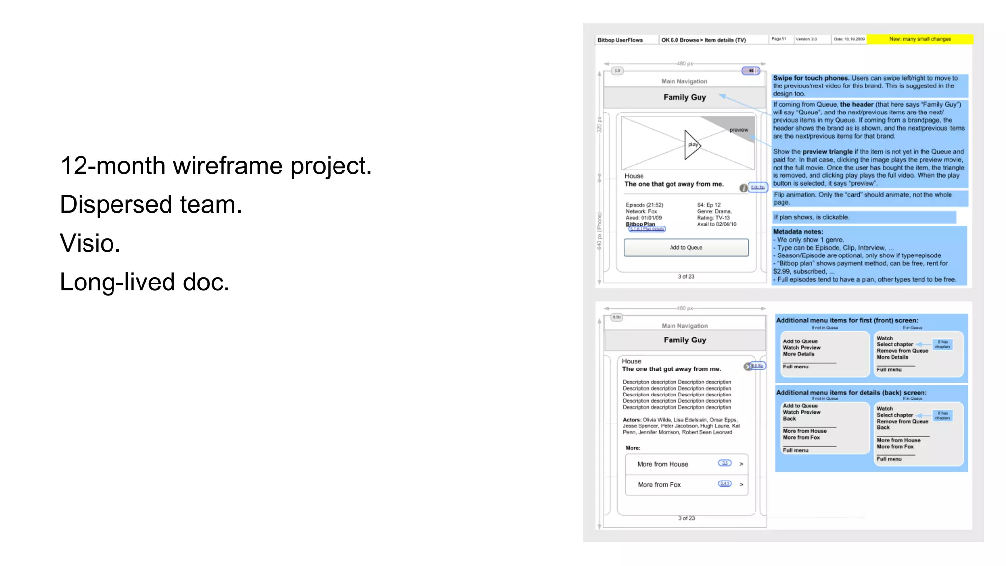 12-month wireframe project.
Dispersed team.
Visio.
Long-lived doc.

 