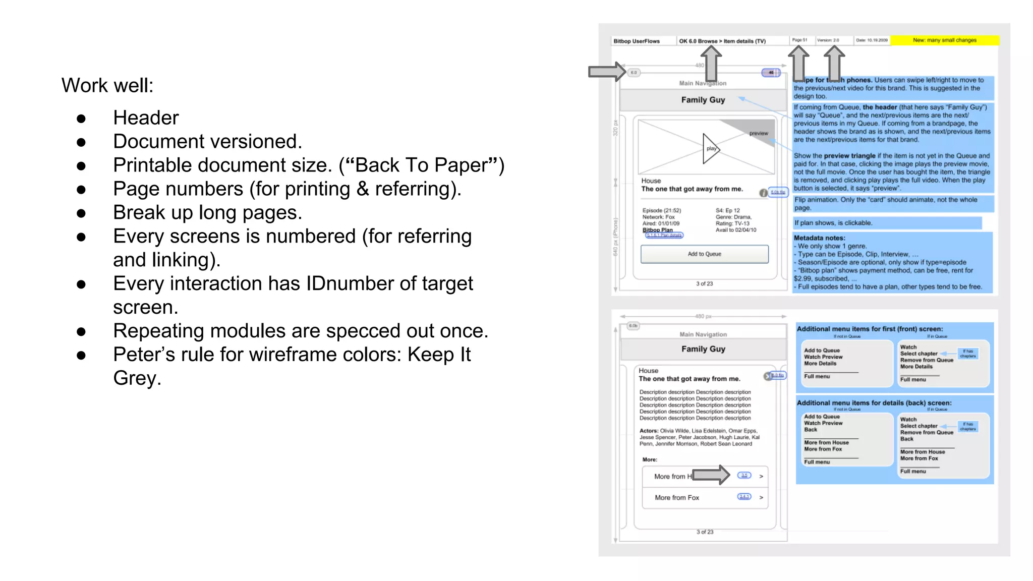 Work well:
●
●
●
●
●
●
●
●
●

Header
Document versioned.
Printable document size. (“Back To Paper”)
Page numbers (for printing & referring).
Break up long pages.
Every screens is numbered (for referring
and linking).
Every interaction has IDnumber of target
screen.
Repeating modules are specced out once.
Peter’s rule for wireframe colors: Keep It
Grey.

 