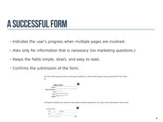 a successful form
•	Indicates the user’s progress when multiple pages are involved.

•	Asks only for information that is necessary (no marketing questions.)

•	Keeps the fields simple, direct, and easy to read.

•	Confirms the submission of the form.




                                                                          59
 