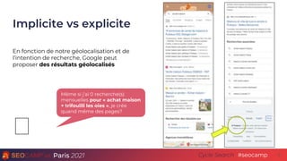 Paris 2021 #seocamp
Cycle Search
Implicite vs explicite
8
En fonction de notre géolocalisation et de
l’intention de recher...