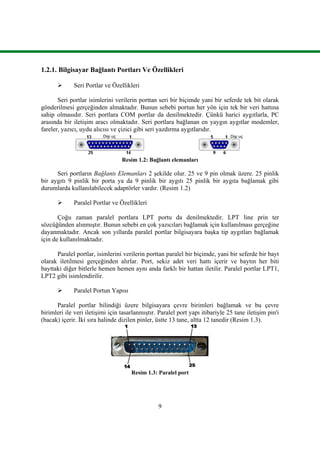 9
1.2.1. Bilgisayar Bağlantı Portları Ve Özellikleri
 Seri Portlar ve Özellikleri
Seri portlar isimlerini verilerin porttan seri bir biçimde yani bir seferde tek bit olarak
gönderilmesi gerçeğinden almaktadır. Bunun sebebi portun her yön için tek bir veri hattına
sahip olmasıdır. Seri portlara COM portlar da denilmektedir. Çünkü harici aygıtlarla, PC
arasında bir iletiĢim aracı olmaktadır. Seri portlara bağlanan en yaygın aygıtlar modemler,
fareler, yazıcı, uydu alıcısı ve çizici gibi seri yazdırma aygıtlarıdır.
Dişi uç Dişi uç
Resim 1.2: Bağlantı elemanları
Seri portların Bağlantı Elemanları 2 Ģekilde olur. 25 ve 9 pin olmak üzere. 25 pinlik
bir aygıtı 9 pinlik bir porta ya da 9 pinlik bir aygıtı 25 pinlik bir aygıta bağlamak gibi
durumlarda kullanılabilecek adaptörler vardır. (Resim 1.2)
 Paralel Portlar ve Özellikleri
Çoğu zaman paralel portlara LPT portu da denilmektedir. LPT line prin ter
sözcüğünden alınmıĢtır. Bunun sebebi en çok yazıcıları bağlamak için kullanılması gerçeğine
dayanmaktadır. Ancak son yıllarda paralel portlar bilgisayara baĢka tip aygıtları bağlamak
için de kullanılmaktadır.
Paralel portlar, isimlerini verilerin porttan paralel bir biçimde, yani bir seferde bir bayt
olarak iletilmesi gerçeğinden alırlar. Port, sekiz adet veri hattı içerir ve baytın her biti
bayttaki diğer bitlerle hemen hemen aynı anda farklı bir hattan iletilir. Paralel portlar LPT1,
LPT2 gibi isimlendirilir.
 Paralel Portun Yapısı
Paralel portlar bilindiği üzere bilgisayara çevre birimleri bağlamak ve bu çevre
birimleri ile veri iletiĢimi için tasarlanmıĢtır. Paralel port yapı itibariyle 25 tane iletiĢim pin'i
(bacak) içerir. Ġki sıra halinde dizilen pinler, üstte 13 tane, altta 12 tanedir (Resim 1.3).
Resim 1.3: Paralel port
 
