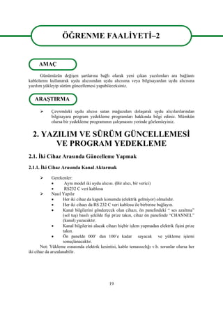 19
ÖĞRENME FAALĠYETĠ–2
Günümüzün değiĢen Ģartlarına bağlı olarak yeni çıkan yazılımları ara bağlantı
kablolarını kullanarak uydu alıcısından uydu alıcısına veya bilgisayardan uydu alıcısına
yazılım yükleyip sürüm güncellemesi yapabileceksiniz.
 Çevrendeki uydu alıcısı satan mağazaları dolaĢarak uydu alıcılarılarından
bilgisayara program yedekleme programları hakkında bilgi ediniz. Mümkün
olursa bir yedekleme programının çalıĢmasını yerinde gözlemleyiniz.
2. YAZILIM VE SÜRÜM GÜNCELLEMESĠ
VE PROGRAM YEDEKLEME
2.1. Ġki Cihaz Arasında Güncelleme Yapmak
2.1.1. Ġki Cihaz Arasında Kanal Aktarmak
 Gerekenler:
 Aynı model iki uydu alıcısı. (Bir alıcı, bir verici)
 RS232 C veri kablosu
 Nasıl Yapılır
 Her iki cihaz da kapalı konumda (elektrik gelmiyor) olmalıdır.
 Her iki cihazı da RS 232 C veri kablosu ile birbirine bağlayın.
 Kanal bilgilerini gönderecek olan cihazı, ön panelindeki “ ses azaltma”
(sol tuĢ) basılı Ģekilde fiĢi prize takın, cihaz ön panelinde “CHANNEL”
(kanal) yazacaktır.
 Kanal bilgilerini alacak cihazı hiçbir iĢlem yapmadan elektrik fiĢini prize
takın.
 Ön panelde 000’ dan 100’e kadar sayacak ve yükleme iĢlemi
sonuçlanacaktır.
Not: Yükleme esnasında elektrik kesintisi, kablo temassızlığı v.b. sorunlar olursa her
iki cihaz da arızalanabilir.
ÖĞRENME FAALĠYETĠ–2
ARAġTIRMA
AMAÇ
 
