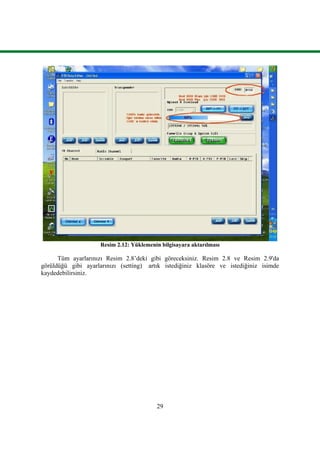 29
Resim 2.12: Yüklemenin bilgisayara aktarılması
Tüm ayarlarınızı Resim 2.8’deki gibi göreceksiniz. Resim 2.8 ve Resim 2.9'da
görüldüğü gibi ayarlarınızı (setting) artık istediğiniz klasöre ve istediğiniz isimde
kaydedebilirsiniz.
 