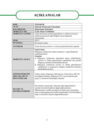ii
AÇIKLAMALAR
KOD 523EO0158
ALAN Elektrik Elektronik Teknolojisi
DAL/MESLEK HaberleĢme Sistemleri
MODÜLÜN ADI Uydu Alıcısı Yazılımları
MODÜLÜN TANIMI Uydu alıcılarına yazılım güncelleme ve sürüm (versiyon)
yükleme konusuyla ilğili bilğileri içeren öğrenme
metaryalidir.
SÜRE 40/32
ÖN KOġUL Ön koĢulu yoktur.
YETERLĠK Uydu alıcısına yazılım ve versiyon güncellemesini yapmak.
MODÜLÜN AMACI
Genel Amaç
Bilgisayar yardımıyla sistem ayarlarını ve güncelleĢtirme
yapabileceksiniz.
Amaçlar
1. Bilgisayar yardımıyla internetten dosya indirebilecek,
yazılım ve sürüm güncellemesi yapabilmek için gerekli
bilgisayar portlarını kullanabileceksiniz.
2. Bilgisayar yardımıyla yazılım ve sürüm güncellemesi
yapabilecek ve programın yedeğini yedekleme ünitesine
kaydedebileceksiniz.
EĞĠTĠM ÖĞRETĠM
ORTAMLARI VE
DONANIMLARI
Atölye ortamı, bilgisayar laboratuvarı, Uydu alıcısı, RS 232
ara bağlantı kablosu, Bilgisayar (PC) veya notebook gibi
aygıt ve cihazların bulunduğu ortamlar.
ÖLÇME VE
DEĞERLENDĠRME
Her faaliyet sonrasında o faliyetle ilgili değerlendirme
soruları ile kendi kendinizi değerlendireceksiniz.
Öğretmeniniz, modül sonunda size ölçme aracı (uygulama,
soru-cevap)uygulayarak modül uygulamaları ile kazandığınız
bilgi ve becerileri ölçerek değerlendirecektir.
AÇIKLAMALAR
 