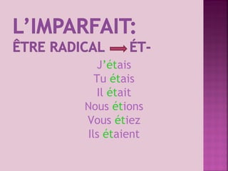J’étais
Tu étais
Il était
Nous étions
Vous étiez
Ils étaient