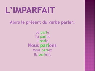 Alors le présent du verbe parler:
Je parle
Tu parles
Il parle
Nous parlons
Vous parlez
Ils parlent