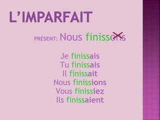 PRÉSENT: Nous finissons
Je finissais
Tu finissais
Il finissait
Nous finissions
Vous finissiez
Ils finissaient