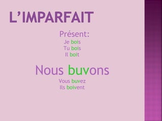 Présent:
Je bois
Tu bois
Il boit
Nous buvons
Vous buvez
Ils boivent