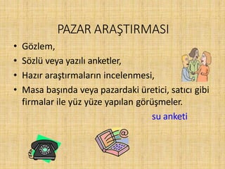 PAZAR ARAŞTIRMASI
• Gözlem,
• Sözlü veya yazılı anketler,
• Hazır araştırmaların incelenmesi,
• Masa başında veya pazardaki üretici, satıcı gibi
firmalar ile yüz yüze yapılan görüşmeler.
su anketi
 