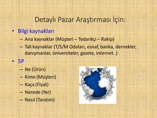 • Bilgi kaynakları
– Ana kaynaklar (Müşteri – Tedarikçi – Rakip)
– Tali kaynaklar (T/S/M Odaları, esnaf, banka, dernekler,
danışmanlar, üniversiteler, gazete, internet..)
• 5P
– Ne (Ürün)
– Kime (Müşteri)
– Kaça (Fiyat)
– Nerede (Yer)
– Nasıl (Tanıtım)
Detaylı Pazar Araştırması İçin:
 
