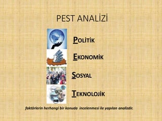 PEST ANALİZİ
POLİTİK
EKONOMİK
SOSYAL
TEKNOLOJİK
faktörlerin herhangi bir konuda incelenmesi ile yapılan analizdir.
 
