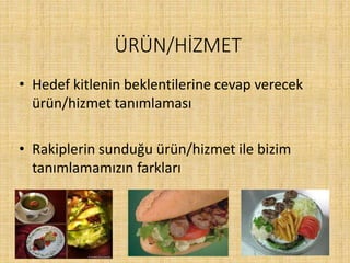 ÜRÜN/HİZMET
• Hedef kitlenin beklentilerine cevap verecek
ürün/hizmet tanımlaması
• Rakiplerin sunduğu ürün/hizmet ile bizim
tanımlamamızın farkları
 