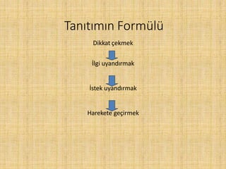 Tanıtımın Formülü
Dikkat çekmek
İlgi uyandırmak
İstek uyandırmak
Harekete geçirmek
 