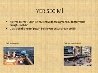 YER SEÇİMİ
• İşletme hizmet/ürün ile müşteriyi doğru zamanda, doğru yerde
buluşturmalıdır.
• Ulaşılabilirlik hedef pazarı belirleyen unsurlardan biridir.
Park yeri zorunlu Park yeri zorunlu değil
 