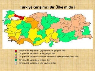 Türkiye Girişimci Bir Ülke midir?
Girişimcilik kapasitesi çeşitlenmiş ve gelişmiş iller
Girişimcilik kapasitesi hızla gelişen iller
Girişimcilik kapasitesi yüksek ama sınırlı sektörlerde kalmış iller
Girişimcilik kapasitesi gelişen iller
Girişimcilik kapasitesi sınırlı gelişen iller
 