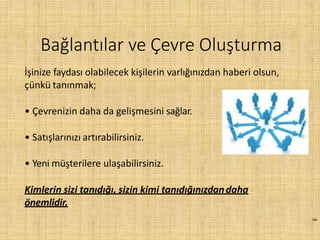 143
Bağlantılar ve Çevre Oluşturma
İşinize faydası olabilecek kişilerin varlığınızdan haberi olsun,
çünkü tanınmak;
• Çevrenizin daha da gelişmesini sağlar.
• Satışlarınızı artırabilirsiniz.
• Yeni müşterilere ulaşabilirsiniz.
Kimlerin sizi tanıdığı, sizin kimi tanıdığınızdandaha
önemlidir.
 
