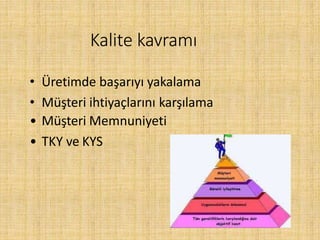 Kalite kavramı
• Üretimde başarıyı yakalama
• Müşteri ihtiyaçlarını karşılama
• Müşteri Memnuniyeti
• TKY ve KYS
 