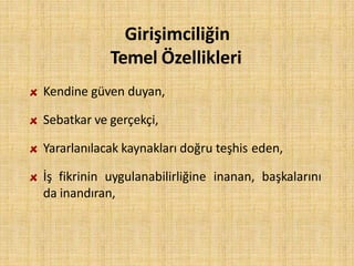Kendine güven duyan,
Sebatkar ve gerçekçi,
Yararlanılacak kaynakları doğru teşhis eden,
İş fikrinin uygulanabilirliğine inanan, başkalarını
da inandıran,
Girişimciliğin
Temel Özellikleri
 