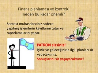 Finans planlaması ve kontrolü
neden bu kadar önemli?
Serbest muhasebeciniz sadece
yapılmış işlemlerin kayıtlarını tutar ve
raporlamalarını yapar.
PATRON sizsiniz!
İşiniz ve geleceğinizle ilgili planları siz
yapacaksınız.
Sonuçlarını siz yaşayacaksınız!
 