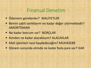 Finansal Denetim
 Ödemem gerekenler? MALİYETLER
 Benim sabit varlıklarım ne kadar değer yitirmektedir?
AMORTİSMAN
 Ne kadar borcum var? BORÇLAR
 Kimden ne kadar alacaklıyım? ALACAKLAR
 Mali işlemleri nasıl kaydedeceğim? MUHASEBE
 Dönem sonunda elimde ne kadar fazla para var? KAR
 