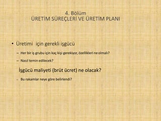 • Üretimi için gerekli işgücü
– Her bir iş grubu için kaç kişi gerekiyor, özellikleri neolmalı?
– Nasıl temin edilecek?
İşgücü maliyeti (brüt ücret) ne olacak?
– Bu rakamlar neye göre belirlendi?
 