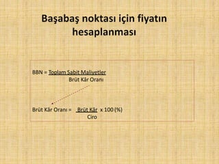 BBN = Toplam Sabit Maliyetler
Brüt Kâr Oranı
Brüt Kâr Oranı = Brüt Kâr x 100 (%)
Ciro
 