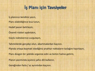 İş planınızı kendiniz yazın,
Planı olabildiğince kısa tutun,
Hedef pazarı belirleyin,
Önemli riskleri aydınlatın,
Güçlü noktalarınızı vurgulayın,
Tahminlerde gerçekçi olun, abartmalardan kaçının.
Planda ortaya koymak istediğiniz anahtar noktaların taslağını hazırlayın,
Planı düzgün bir şekilde organize edin ve bütün haline getirin,
Planın yazımında üçüncü şahıs dili kullanın,
Gereğinden fazla / az ayrıntıdan kaçının.
İş Planı için Tavsiyeler
 