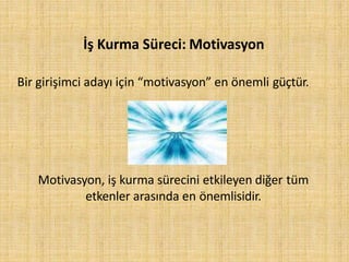 İş Kurma Süreci: Motivasyon
Bir girişimci adayı için “motivasyon” en önemli güçtür.
Motivasyon, iş kurma sürecini etkileyen diğer tüm
etkenler arasında en önemlisidir.
 