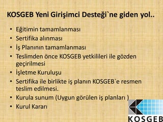 KOSGEB Yeni Girişimci Desteği`ne giden yol..
• Eğitimin tamamlanması
• Sertifika alınması
• İş Planının tamamlanması
• Teslimden önce KOSGEB yetkilileri ile gözden
geçirilmesi
• İşletme Kuruluşu
• Sertifika ile birlikte iş planın KOSGEB`e resmen
teslim edilmesi.
• Kurula sunum (Uygun görülen iş planları )
• Kurul Kararı
 