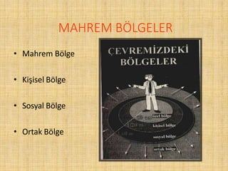 MAHREM BÖLGELER
• Mahrem Bölge
• Kişisel Bölge
• Sosyal Bölge
• Ortak Bölge
 