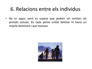 6. Relacions entre els individus
• No es segur, però es suposa que podien ser similars als
primats actuals. En cada petita unitat familiar hi havia un
mascle dominant i que manava.
 