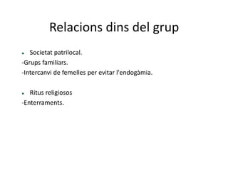 Relacions dins del grup
 Societat patrilocal.
-Grups familiars.
-Intercanvi de femelles per evitar l'endogàmia.
 Ritus religiosos
-Enterraments.
 