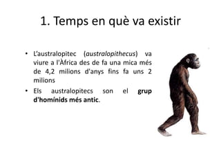 1. Temps en què va existir
• L’australopitec (australopithecus) va
viure a l'Àfrica des de fa una mica més
de 4,2 milions d'anys fins fa uns 2
milions
• Els australopitecs son el grup
d'homínids més antic.
 