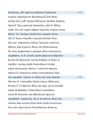 Ἐπιμέλεια κειμένου Ἰωάννης Καραδημητρόπουλος σελίς 5 ἐκ 68
δειδιότας, ὅθ’ ὁρῶντο ποδώκεα Πηλεΐωνα Υ 45
τεύχεσι λαμπόμενον βροτολοιγῷ ἶσον Ἄρηϊ.
αὐτὰρ ἐπεὶ μεθ’ ὅμιλον Ὀλύμπιοι ἤλυθον ἀνδρῶν,
ὦρτο δ’ Ἔρις κρατερὴ λαοσσόος, αὖε δ’ Ἀθήνη
στᾶσ’ ὁτὲ μὲν παρὰ τάφρον ὀρυκτὴν τείχεος ἐκτός,
ἄλλοτ’ ἐπ’ ἀκτάων ἐριδούπων μακρὸν ἀΰτει. Υ 50
αὖε δ’ Ἄρης ἑτέρωθεν ἐρεμνῇ λαίλαπι ἶσος
ὀξὺ κατ’ ἀκροτάτης πόλιος Τρώεσσι κελεύων,
ἄλλοτε πὰρ Σιμόεντι θέων ἐπὶ Καλλικολώνῃ.
Ὣς τοὺς ἀμφοτέρους μάκαρες θεοὶ ὀτρύνοντες
σύμβαλον, ἐν δ’ αὐτοῖς ἔριδα ῥήγνυντο βαρεῖαν· Υ 55
δεινὸν δὲ βρόντησε πατὴρ ἀνδρῶν τε θεῶν τε
ὑψόθεν· αὐτὰρ νέρθε Ποσειδάων ἐτίναξε
γαῖαν ἀπειρεσίην ὀρέων τ’ αἰπεινὰ κάρηνα.
πάντες δ’ ἐσσείοντο πόδες πολυπίδακος Ἴδης
καὶ κορυφαί, Τρώων τε πόλις καὶ νῆες Ἀχαιῶν. Υ 60
ἔδεισεν δ’ ὑπένερθεν ἄναξ ἐνέρων Ἀϊδωνεύς,
δείσας δ’ ἐκ θρόνου ἆλτο καὶ ἴαχε, μή οἱ ὕπερθε
γαῖαν ἀναῤῥήξειε Ποσειδάων ἐνοσίχθων,
οἰκία δὲ θνητοῖσι καὶ ἀθανάτοισι φανείη
σμερδαλέ’ εὐρώεντα, τά τε στυγέουσι θεοί περ· Υ 65
τόσσος ἄρα κτύπος ὦρτο θεῶν ἔριδι ξυνιόντων.
ἤτοι μὲν γὰρ ἔναντα Ποσειδάωνος ἄνακτος
 