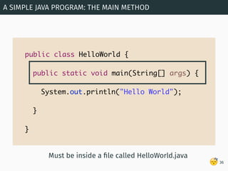 😴
A SIMPLE JAVA PROGRAM: THE MAIN METHOD
36
public class HelloWorld {
public static void main(String[] args) {
System.out....