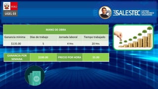 MANO DE OBRA
Ganancia mínima Días de trabajo Jornada laboral Tiempo trabajado
$135.00 5 4 Hrs 20 Hrs
GANANCIA POR
SEMANA
$100.00 PRECIO POR HORA $5.00
