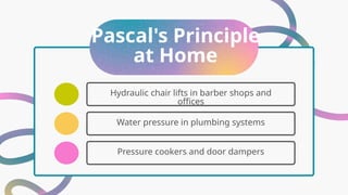 Pascal's Principle
at Home
Hydraulic chair lifts in barber shops and
offices
Water pressure in plumbing systems
Pressure cookers and door dampers
 
